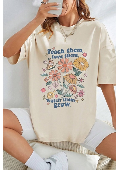 Uyguntarz Unisex Flowers Baskılı Oversize Tshirt Bej