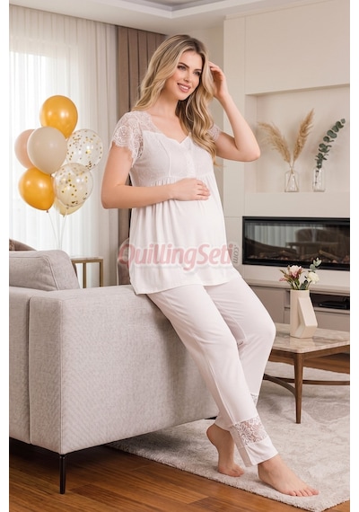 Lady Ekru Renkli, Derin Patlı, Dantel Detaylı 33002 Sabahlıklı 3lü Lohusa Hamile Pijama Takımı