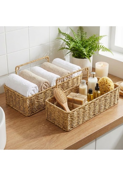 Buffer 2 Li Duvar Askılı Plastik Rattan Organizer Dikdörtgen Hasır Görünümlü Mutfak Raf Sepeti, Banyo Ve Ev İçi Düzen Kahverengi