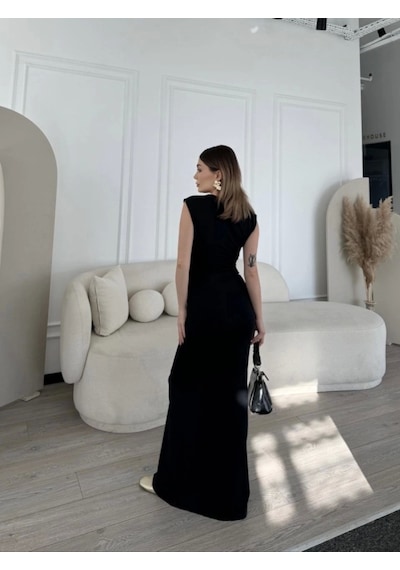 Defymoda Kolsuz Uzun Likralı Elbise - Siyah Siyah