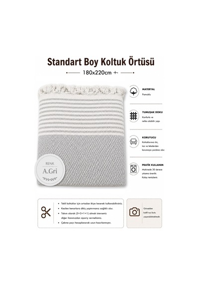 Pamuklu Kaymaz Hasır Dokuma Koltuk Örtüsü 180x220 - Açık Gri