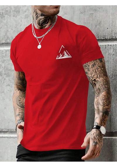 Üçgen Dağ T-shirt - Kırmızı Baskılı Oversize Bisiklet Yaka Kısa Kol Tişört Kırmızı