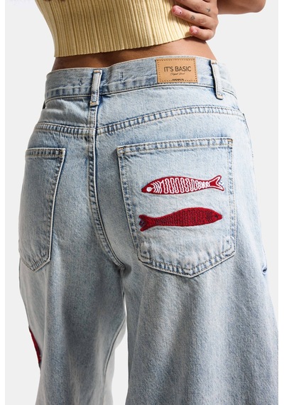 Itsbasic Kadın Kot Rengi 4s6-32 Palazzo Nakış Tasarım Bermuda Denim Jort