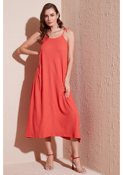 Lela Regular Fit Ip Askılı Uzun Bayan Elbise 5865732 Nar Çiçeği