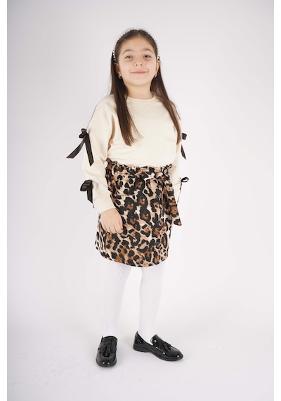 Miniko Kids Kız Çocuk Leopar Cep Model Etekli Kol Detaylı Takım Ekru