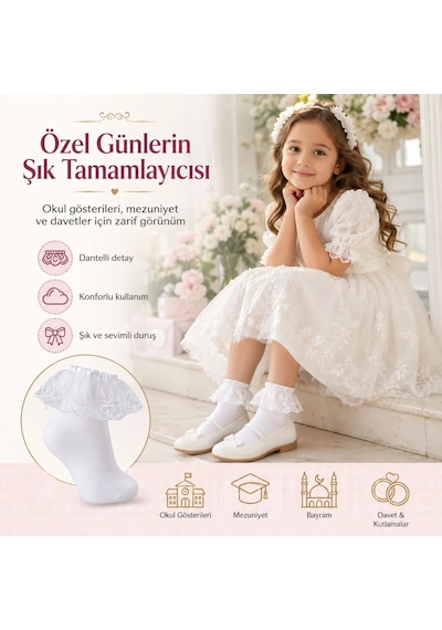 Womanandkids Wak Kız Çocuk 3'lü Beyaz Dantelli Soket Çorap, Yüksek Pamuklu Okul Gösteri Ve Özel Gün Çorabı