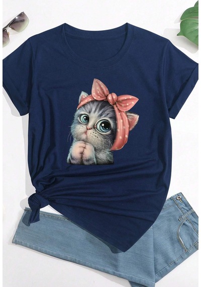 Flood Of Style Unisex Sevimli Kedi Tasarım T-shirt Lacivert