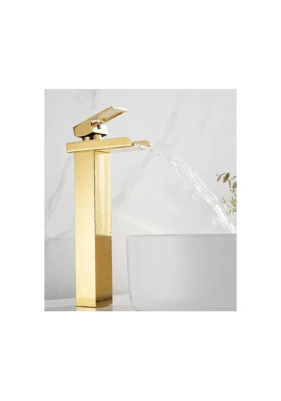 Rena Design Mat Gold Köşeli Gövde Çanak Lavabo Bataryası Havza Model Uzun Altın Lavabo Musluğu Çift Girişarmatür Mat Altın Gold