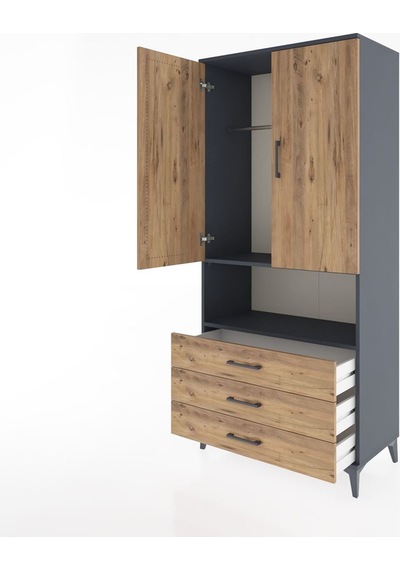 Hyperion Dolap 2 Raflı 3 Çekmeceli Tek Askılı 88x44x195 Antrasit-çam Antrasit