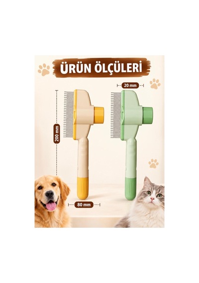Tek Tuşla Temizlenen Basmalı Kedi Köpek Tüy Toplama Tarağı Paslanmaz Çelik Uçlu Tarak