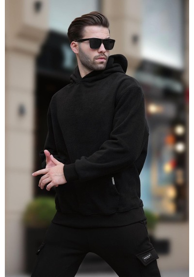Madmext Siyah Kapüşonlu Cep Detaylı Polar Erkek Sweatshirt 7093 Siyah