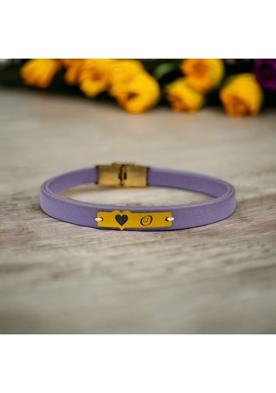 Archin O Harfine Özel Doğal Mor Derili Kalp Motifli 14 Ayar Altın Plakalı Hediye Bileklik-570harf O