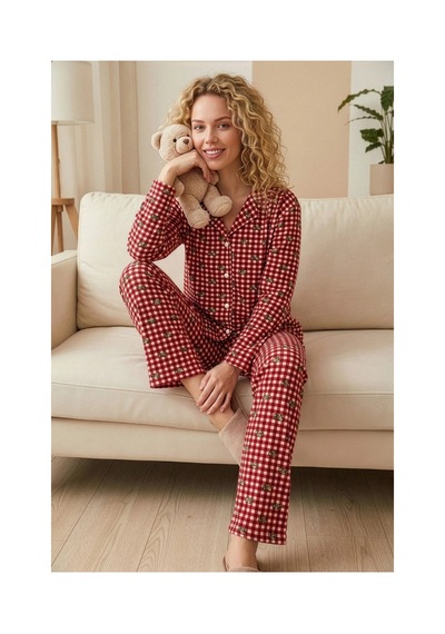 Pijamoni Kadın Süet Kumaş Önü Düğmeli Uzun Kollu Pijama Takımı Kırmızı Kareli Desenli
