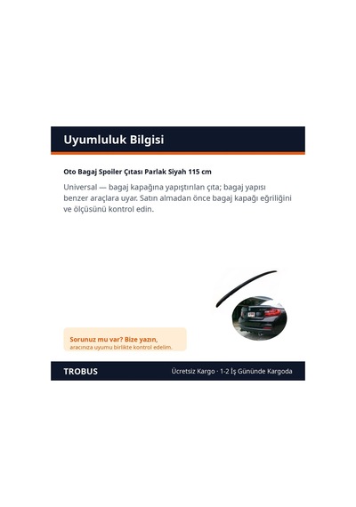 Trobus Oto Bagaj Spoiler Çıtası Parlak Siyah 115 Cm