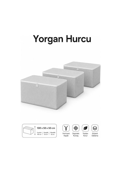 Hurç Seti Fermuarlı Yorgan Battaniye Kıyafet Saklama Hurcu Baza Altı Dolap İçi Organizer 3 Lü Gri