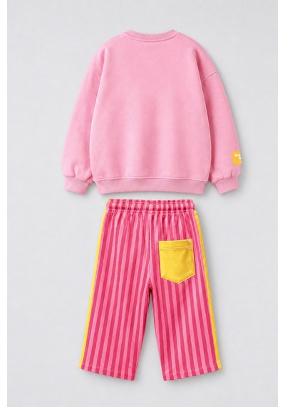 Monila Kız Çocuk Pembe Kedi Baskılı Sweatshirt Ve Pembe Çizgili Eşofman Alt Üst Takım