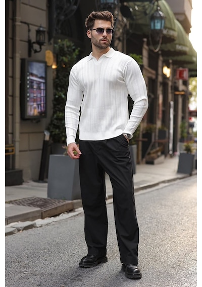 Madmext Beyaz Polo Yaka Desenli Over Fit Erkek Triko Kazak E7517