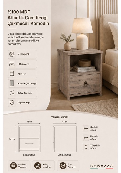 Renazzo %100 Mdf Komodin - Çekmeceli Atlantik Çam
