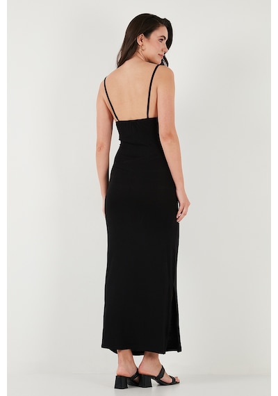 Lela Büzgü Detaylı Slim Fit Yırtmaçlı Uzun Boy Asimetrik Yaka Bayan Elbise 5866291 Siyah