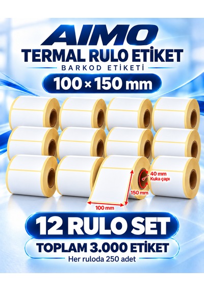 Aimo 100x150 Termal Etiket 3000 Adet 12 Rulo 250 Etiket 1