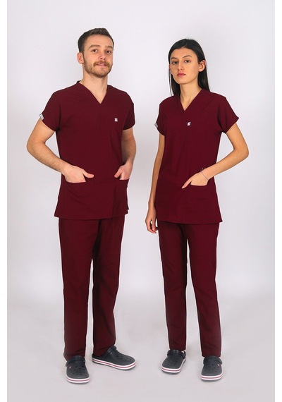Bordo Likralı Tek Alt Doktor Hemşire Forması Unisex