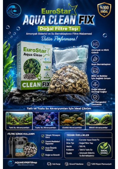 Eurostar Aqua Clean Fix 500 Ml Doğal Filtre Taşı - Amonyak Giderici Ve Su Berraklaştırıcı Filtre Malzemesi - File Hediyeli - Üstün Performans