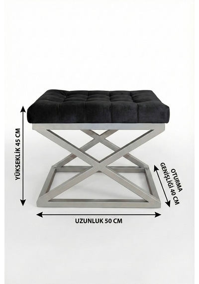 Nexus Babyface Kapitoneli Puf - Krom Metal X Ayaklı Modern Bench 50x40 Cm Siyah