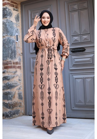 Hira Life Fashion Kadın Tesettür Geometrik Desen Önü Düğmeli Ve Bel Kuşaklı Viskon Elbise Vizon Vizon Hira Life Fashion Kadın Tesettür Geometrik Desen Önü Düğmeli Ve Bel Kuşaklı Viskon Elbise Vizon Vizon