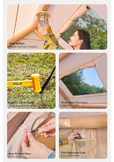 12 Kişilik 4 Mevsim Şişme Kamp Çadırı Su Geçirmez 210d Oxford Kumaş 12 M2 400x300x200 Cm Bej