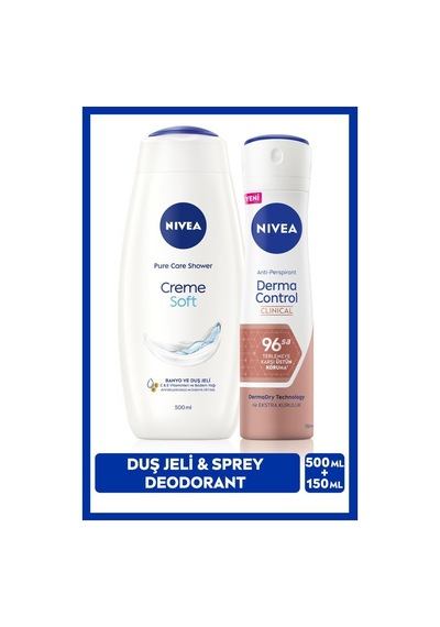 NIVEA Kadın Creme Soft Duş Jeli 500 ML ve Sprey Deodorant Derma Control Clinical 150 ML, 96 Saat Ter Koruma