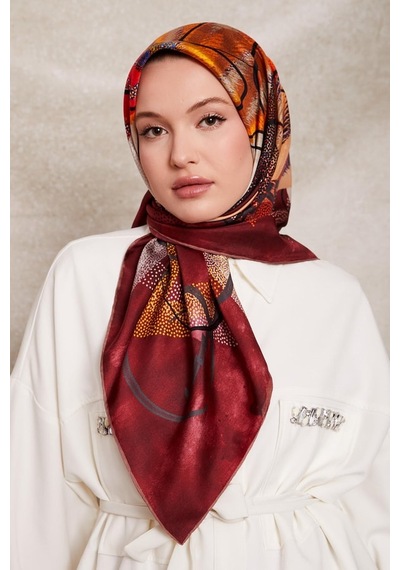 Levidor Karmaşık Desen Twill İpek Eşarp-0915 Bordo