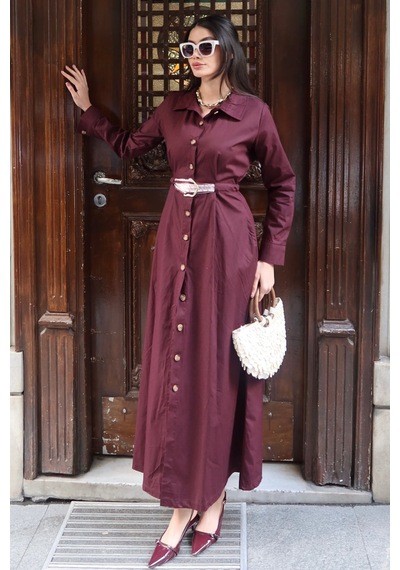 Kechi Woman Poplin Kumaş Akseusarlı Elbise Bordo