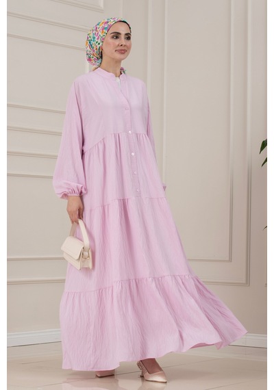 Sevitli Lilyum Kumaş Robalı Katya Elbise-pembe-5821