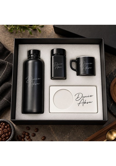 Bk Gift Kişiye Özel İsimli Siyah Cam Suluk & Kahve Fincanı & Türk Kahvesi & Mdf Bardak Altlığı - Hediye Kutulu Siyah Set-1
