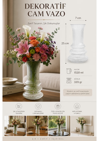 Dekoratif Cam Vazo 25 Cm Şeffaf Çizgili Modern Çiçek Vazosu 1520 Ml Salon Masa Vazosu