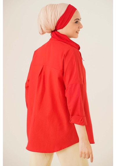 Bigdart 103901 Oversize Basic Tesettür Gömlek - Kırmızı 001