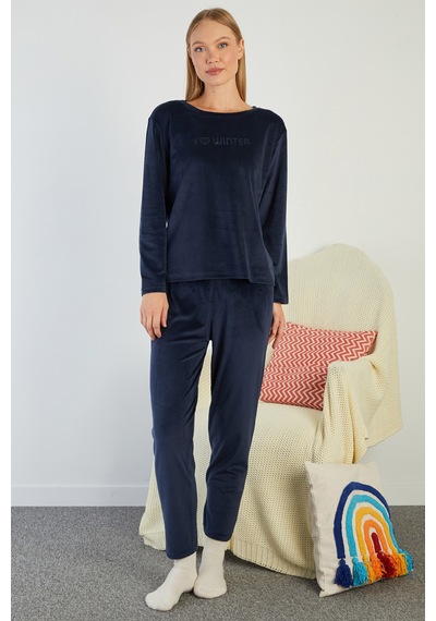 Fullamoda I Love Winter Kabartma Baskılı Kadife Pijama Takımı Lacivert