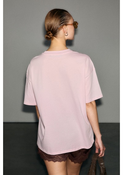 Grımelange Wuna Kadın Yumuşak Kumaşlı %100 Organik Pamuklu Baskı Detaylı Pembe T-shirt