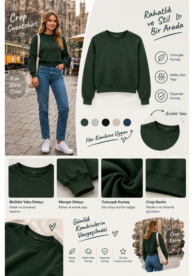 Luxıc Core Kadın Crop Bisiklet Yaka Sweatshirt Pamuklu Yumuşak Dokulu Günlük Spor Sweatshirt Yeşil