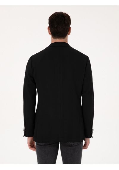Cacharel Siyah Slim Fit Yün Karışımlı Kırlangıç Yaka Balık Sırtı Blazer Ceket