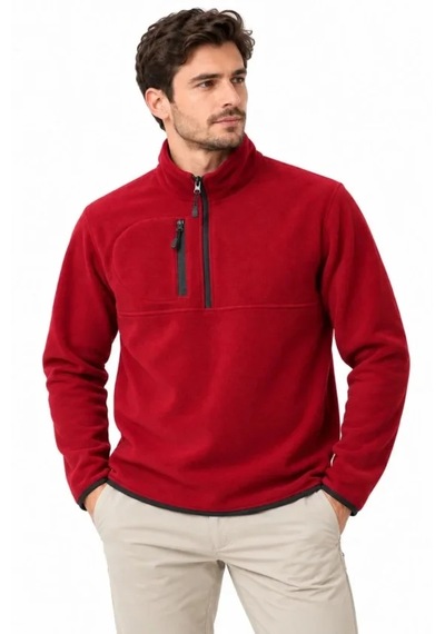 Butik İstanbul Erkek Polar Dik Yaka Yarım Fermuarlı Fermuarlı Göğüs Cepli Regular Fit Kışlık Sweatshirt - Bordo