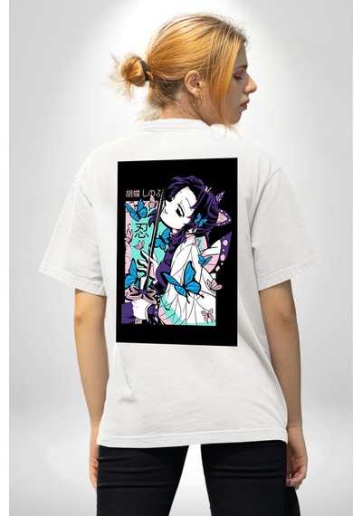 Shinobu Kocho Demon Slayer Beyaz Oversize Unisex Ön Ve Sırt Baskılı Tişört Beyaz
