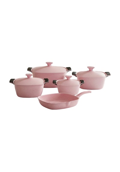 9 Parça Kare Granit Set Alüminyum Kapak - Pembe Pembe