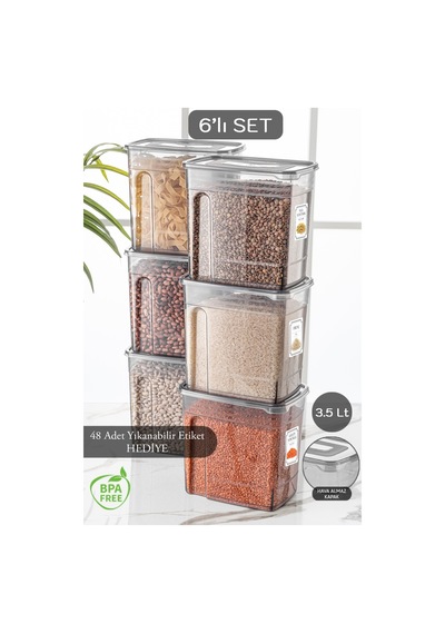 Meleni Home 6'lı Mega 3,5 Litre Bakliyat Kabı - Etiketli Lena Kavanoz Erzak Saklama Kabı