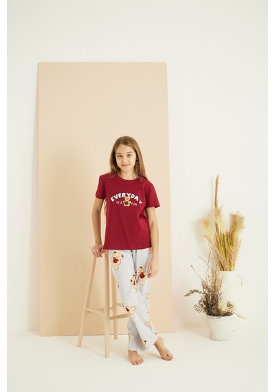 Siyah İnci Pamuklu Bisiklet Yaka Örme Pijama Takım25107132 Bordo