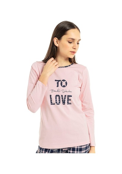 Vishenka Vıshenka Kadın Love Yazı Baskılı %100 Pamuk Pembe Pijama Takımı Pembe