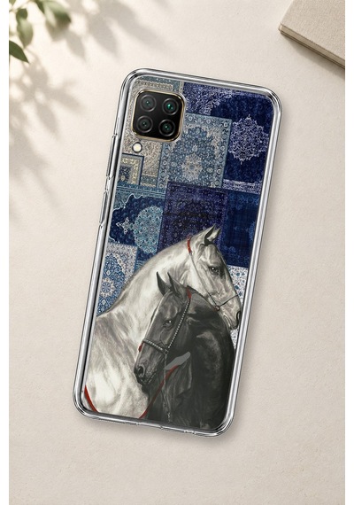 Huawei P40 Lite Uyumlu Mavi Kilim Desenli Siyah Ve Beyaz At Baskılı Silikon Kılıf