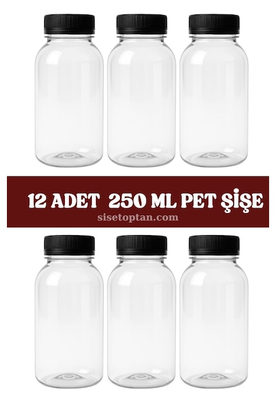 250ml Pet Yuvarlak Şişe Ve Siyah Kapak 6 Adet Şeffaf - Siyah