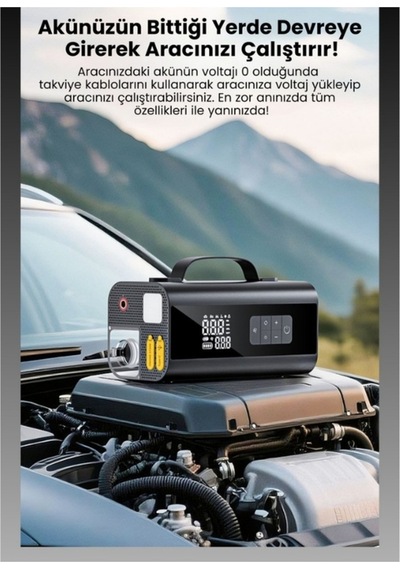 Jump Starter Süpürgeli Akü Takviye Cihazı 18.000mah 10 İn 1 Powerbank, Hava Kompresörü, Lcd Ekran