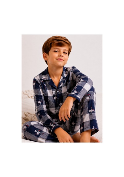 Free Beka Erkek Çocuk Önden Düğmeli Kareli Ve Karakter Desenli Uzun Kollu Pijama Takımı Turkuaz